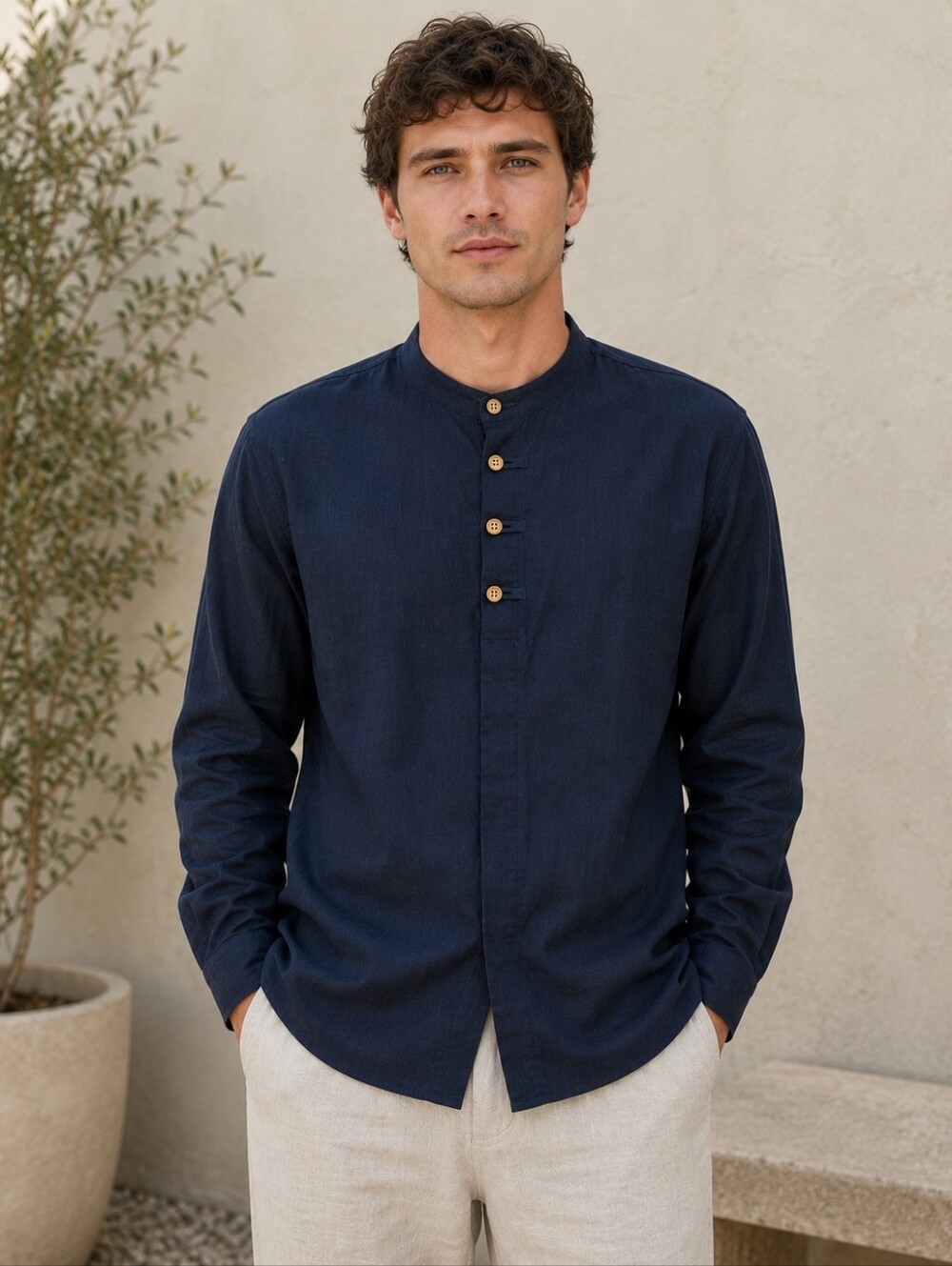 Kaomimmai Men's Navy Blue, Linen-Cotton Shirt- XL